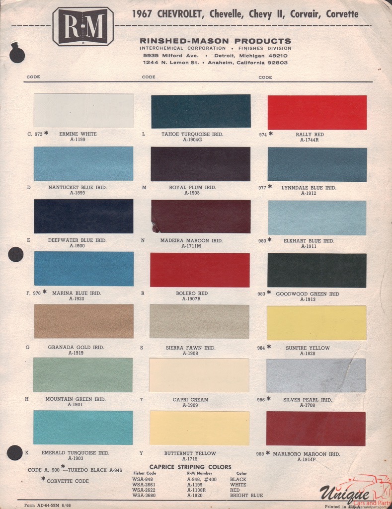 1967 Chev Paint Charts RM 1